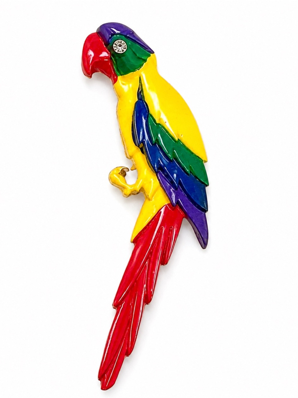 Vintage 1980s Large Parrot Brooch 5” Macaw Bird Rhinestone Statement Pin